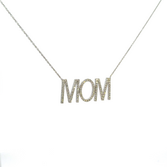 18K Solid White Gold Diamond MOM Necklace