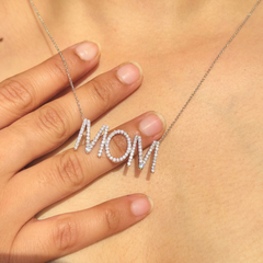 18K Solid White Gold Diamond MOM Necklace