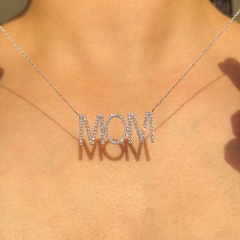 18K Solid White Gold Diamond MOM Necklace