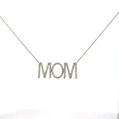 18K Solid White Gold Diamond MOM Necklace
